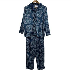 Cabernet Sleepwear Pajama Set Women XS Teal Paisley Floral Polyester Button Up